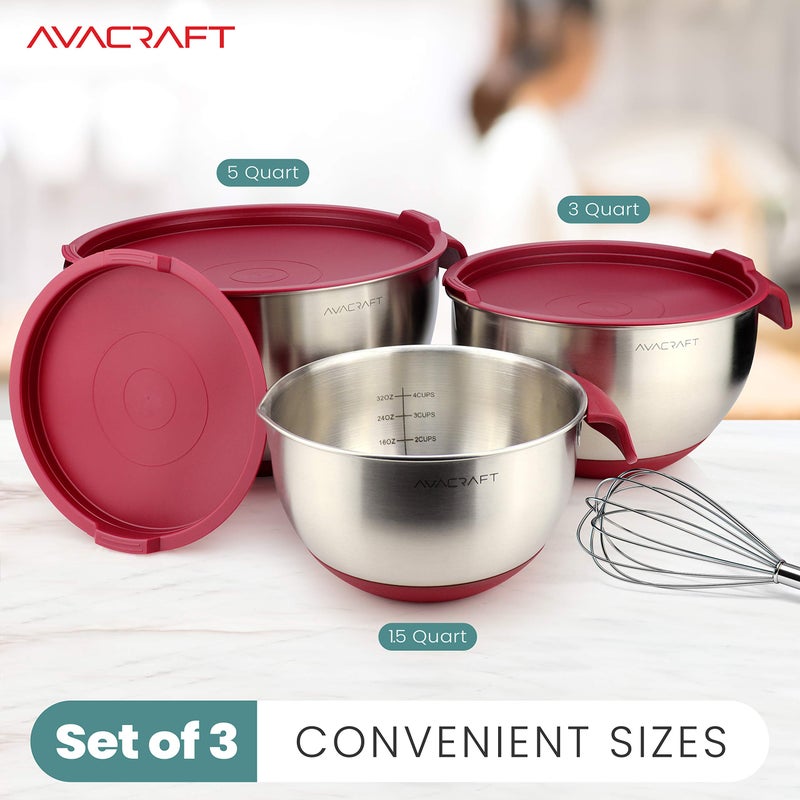 AVACRAFT 18/10 Stainless Steel Mixing Bowls with Lids  non slip silicone base bowls with Handle  Mixing Bowl Set with Pour Spouts & Measurement Marks  Home Essentials Cooking Bowls  (Red) - Image 2